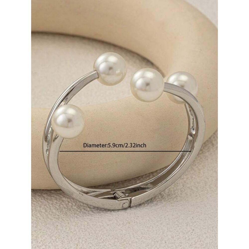 Stainless Steel Geometric Pearl Bangle Bracelet Set Quiet Luxury Stack - Picture 9 of 10